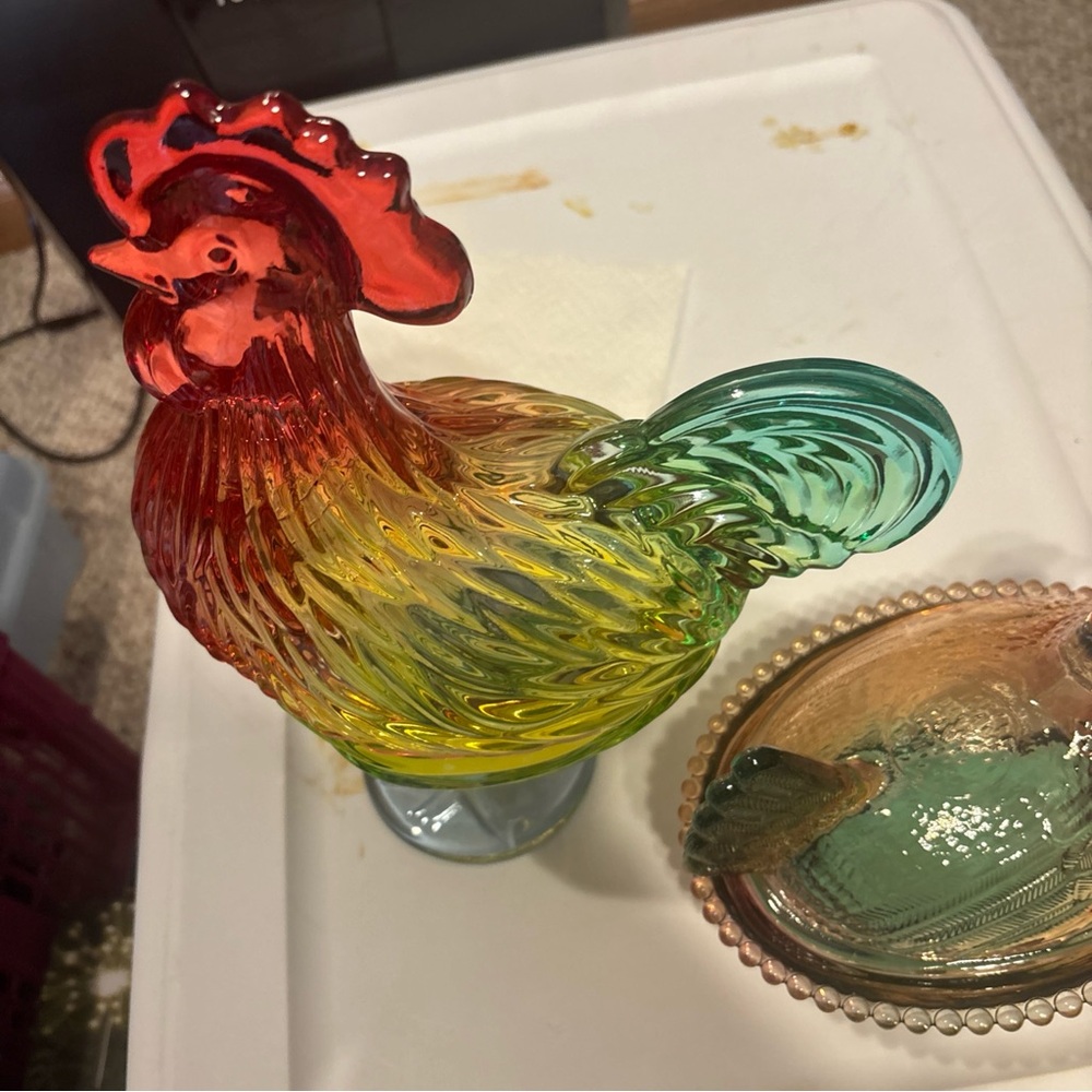 Glass Rooster 11 in Figurine & chicken 7 in on a beaded nest red / green storage - Picture 6 of 11